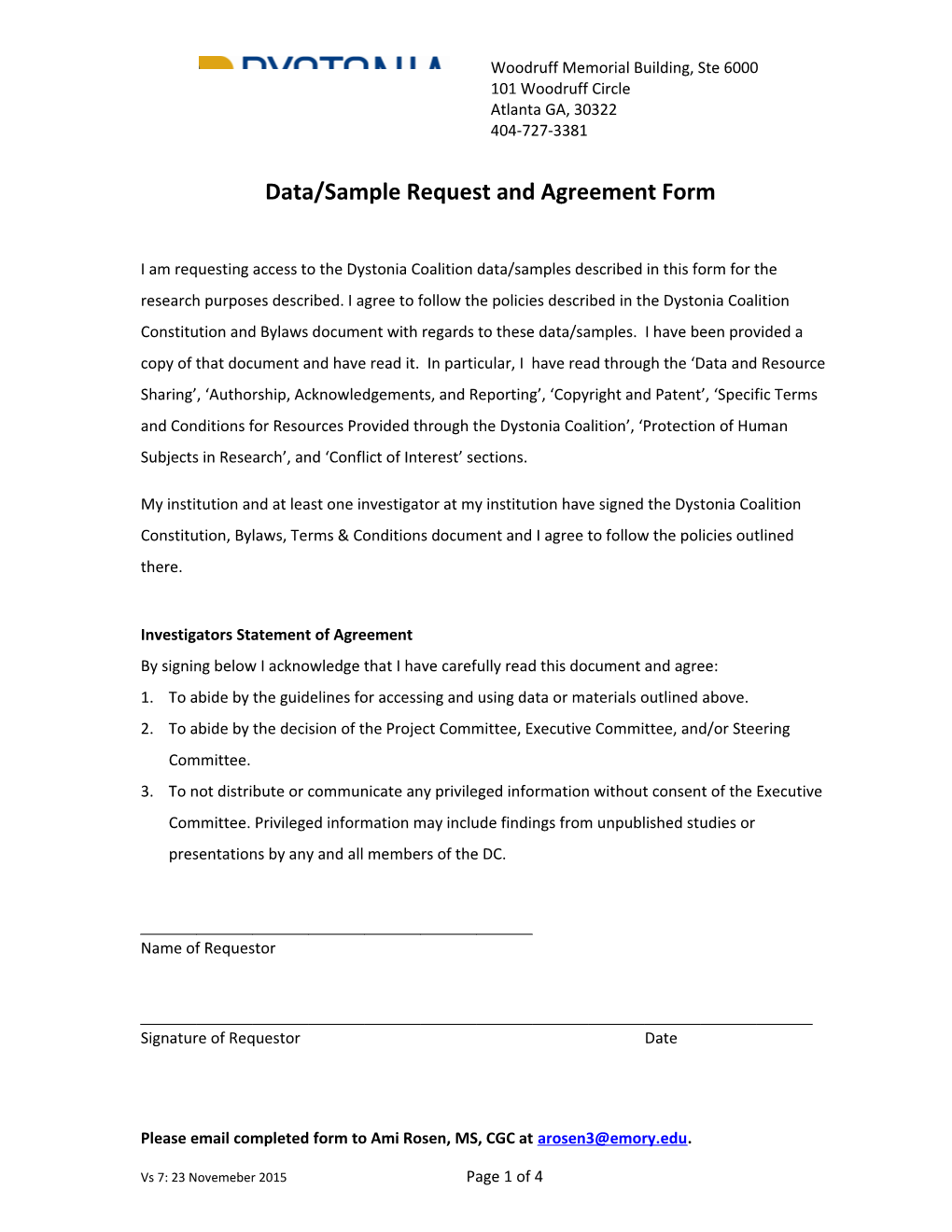 Data/Sample Request and Agreement Form