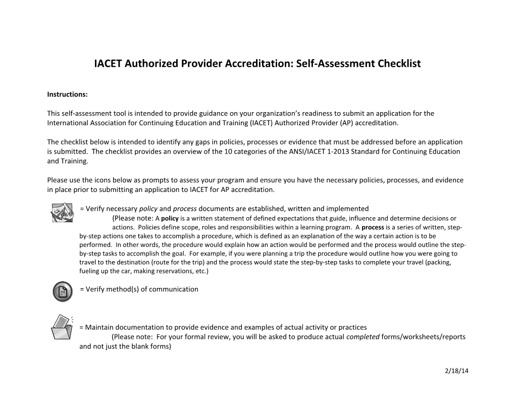 IACET Authorized Provider Accreditation: Self-Assessment Checklist