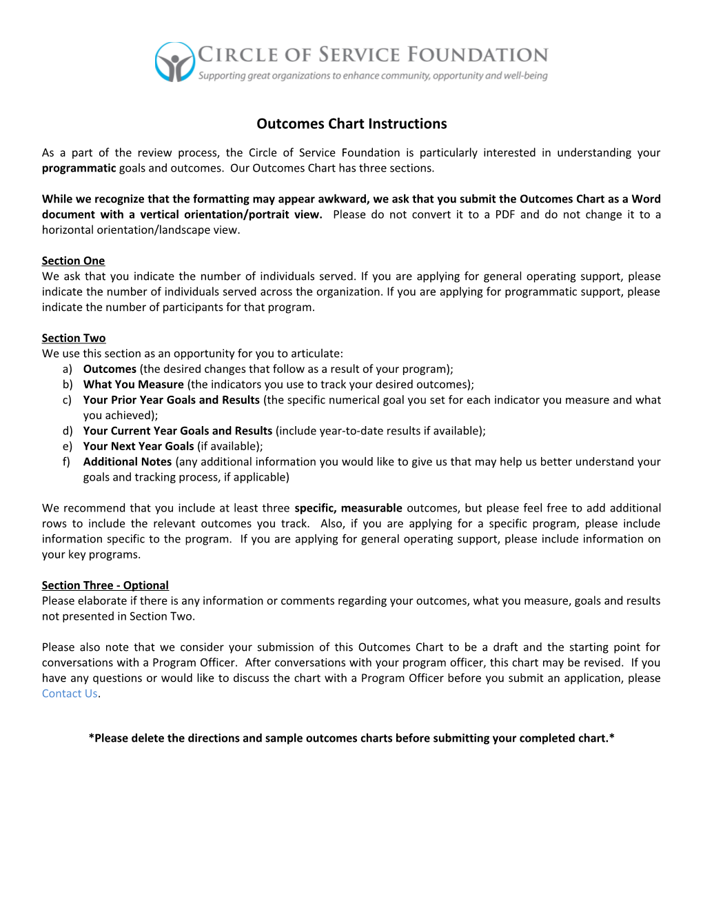 Outcomes Chart Instructions