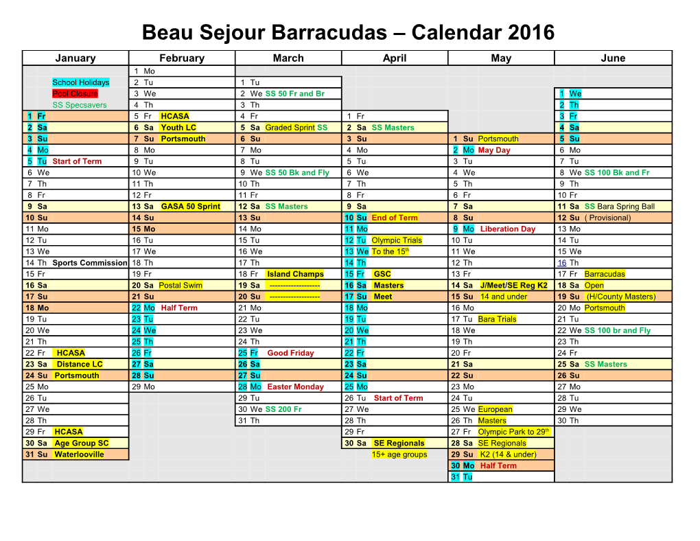Beau Sejour Barracudas Calendar 2016