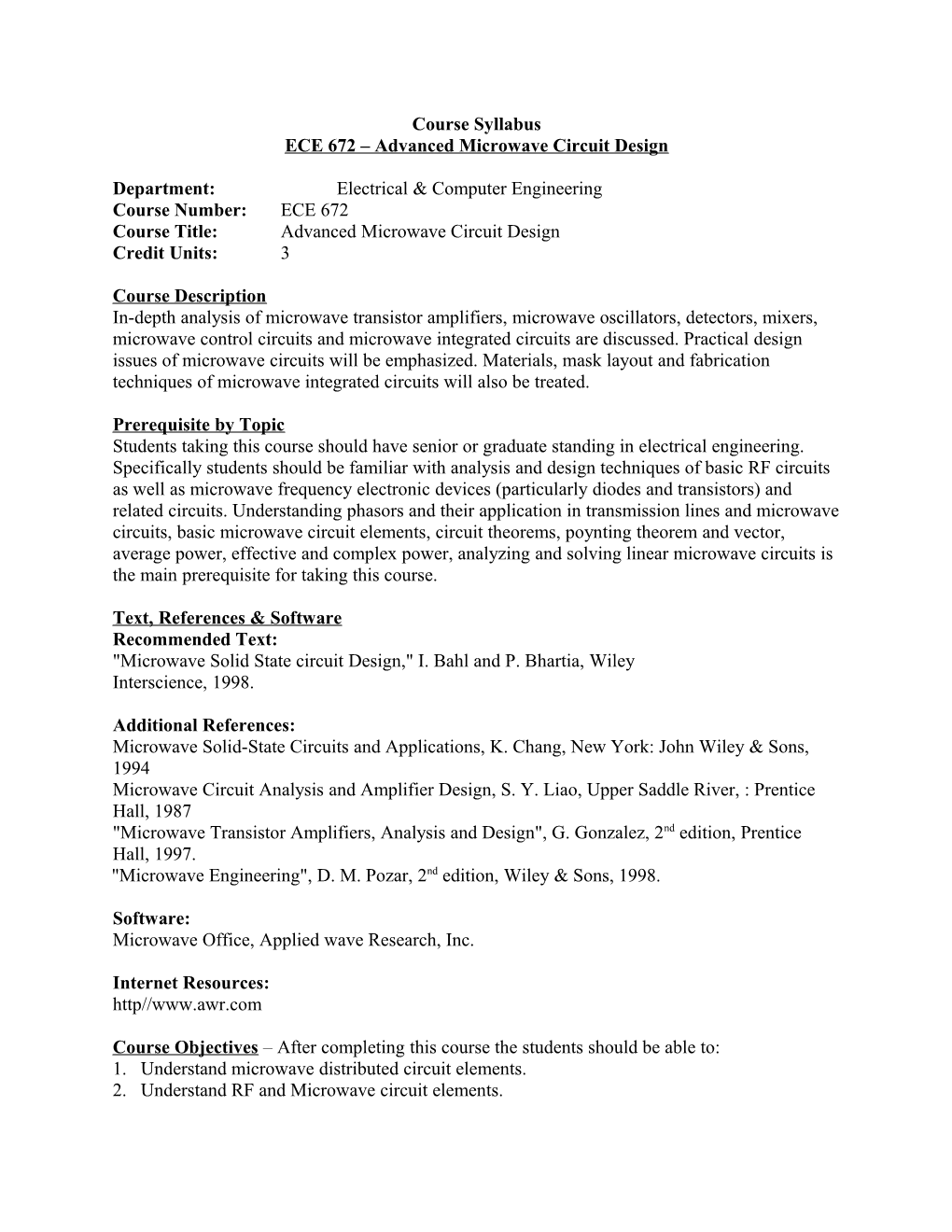 ECE 672 Advanced Microwave Circuit Design