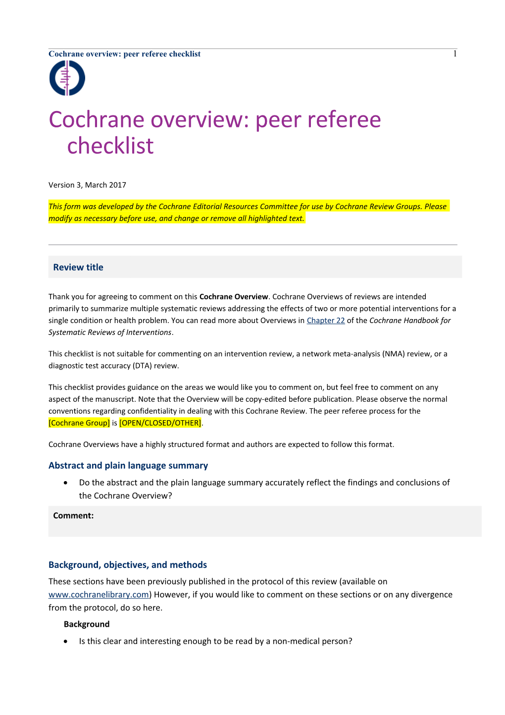 Cochrane Overview: Peer Referee Checklist 4