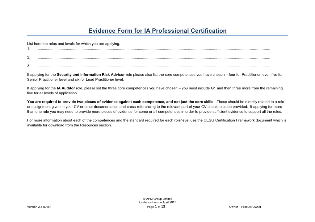 Evidence Form for IA Professional Certification