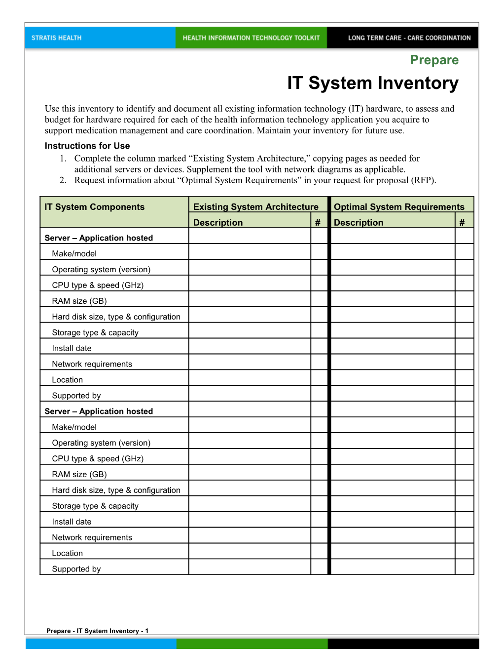 IT System Inventory Health Information Technology Toolkit for Long Term Care - Care Coordination