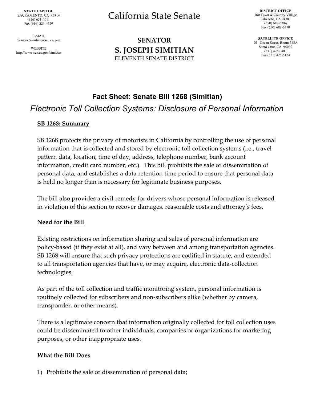 SB 1268 (Simitian) Fact Sheet Locational Privacy