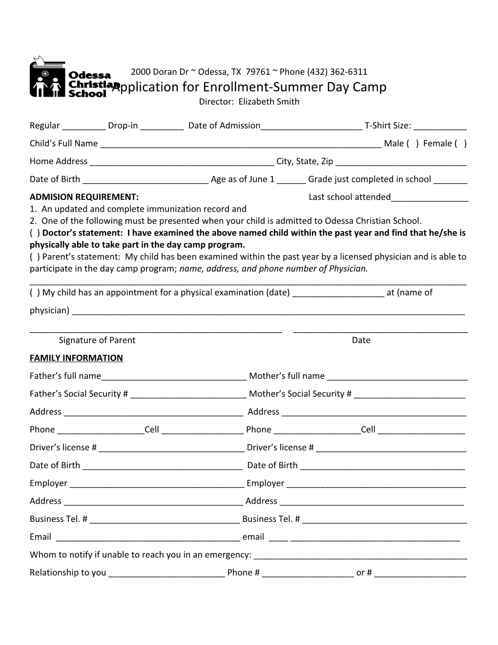Application for Enrollment-Summer Day Camp
