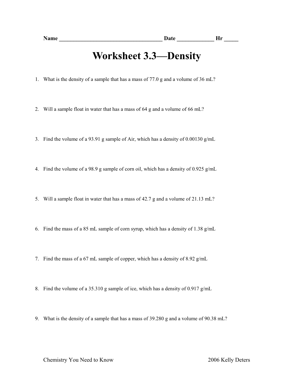 Worksheet 3.3 Density
