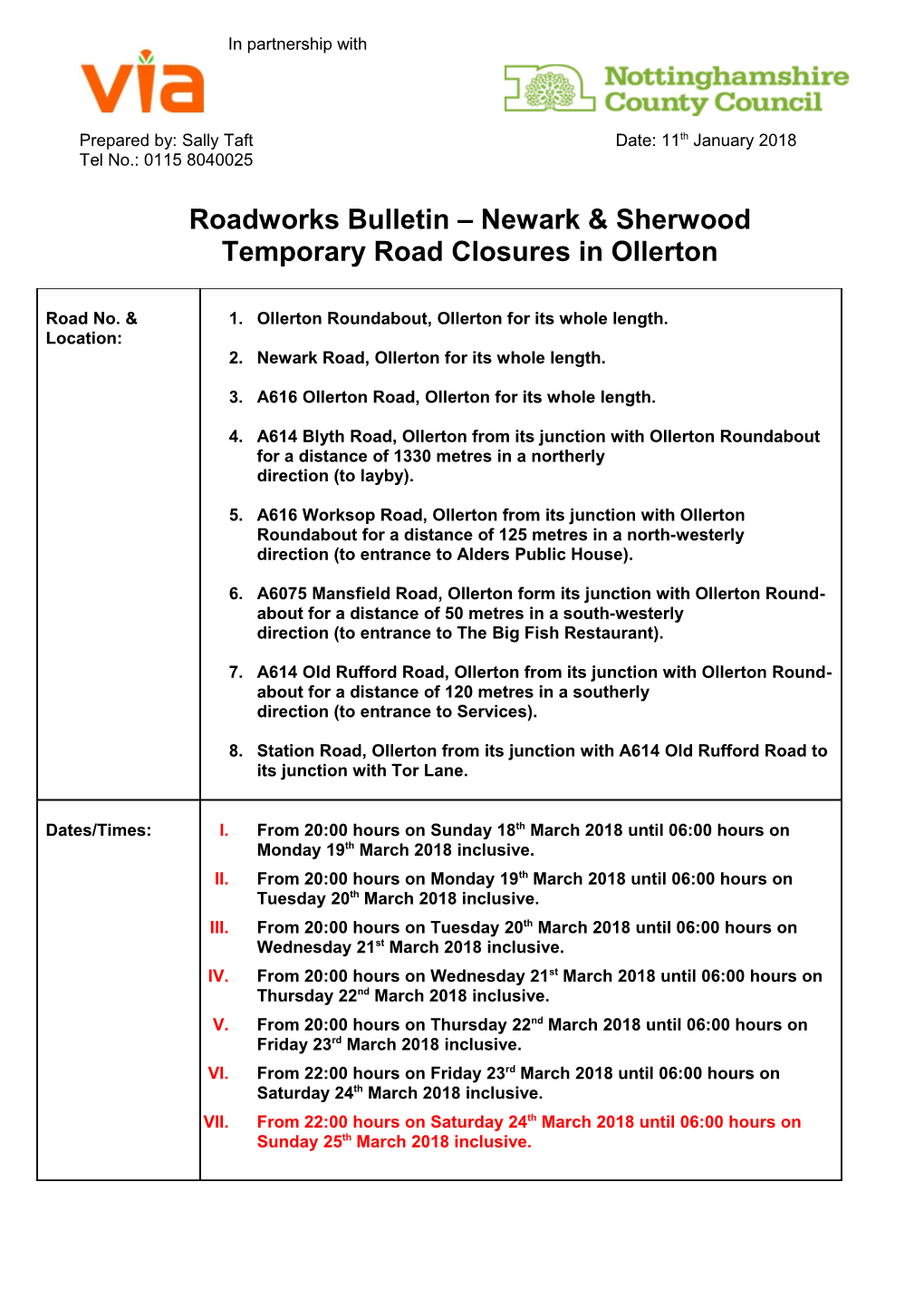 Roadworks Bulletin Newark & Sherwood