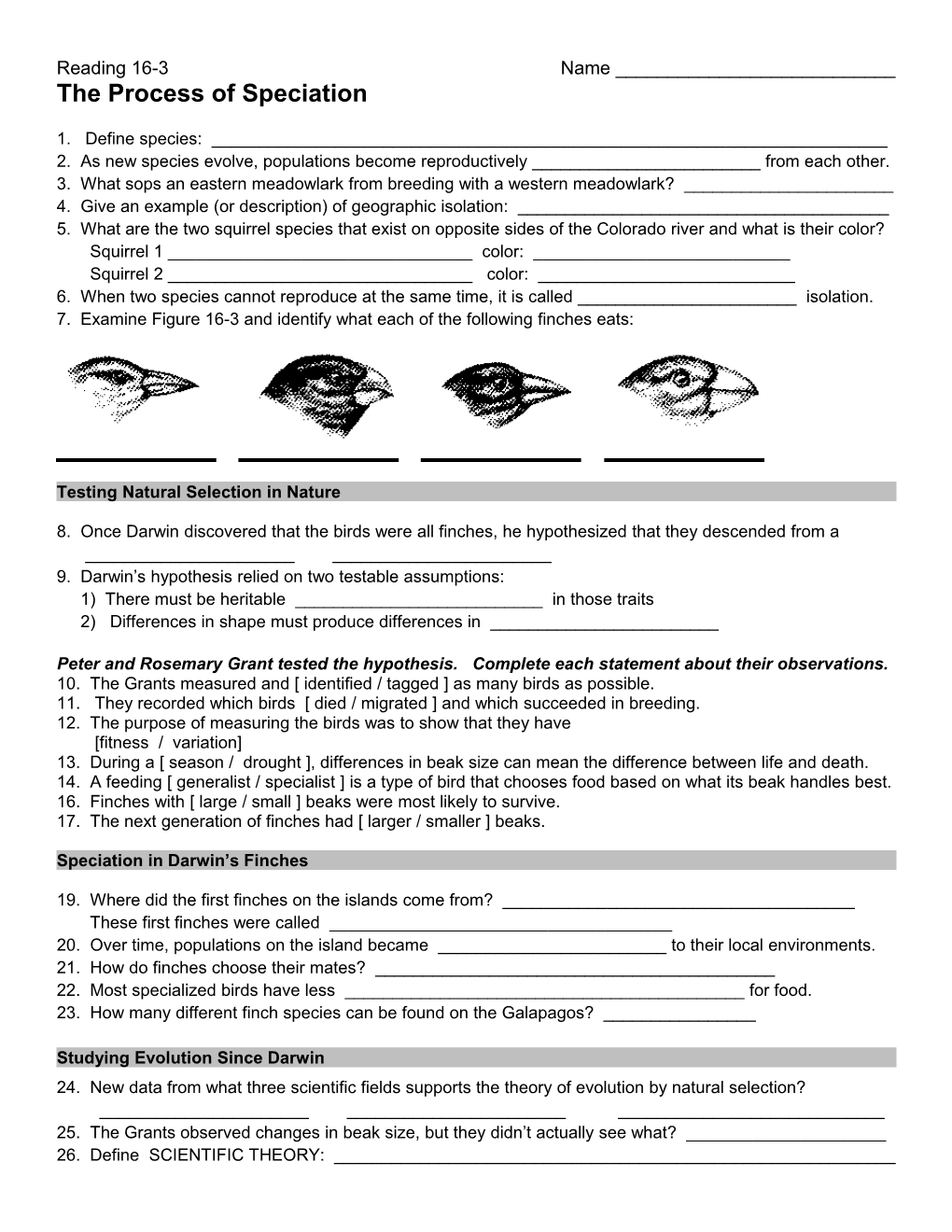 Reading 16-3 Name ______ the Process of Speciation