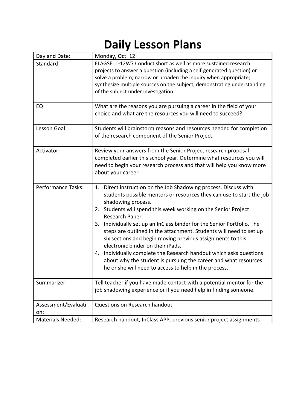 Daily Lesson Plans s3