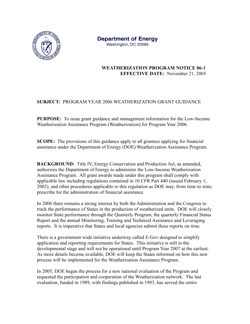 Weatherization Program Notice 06-1