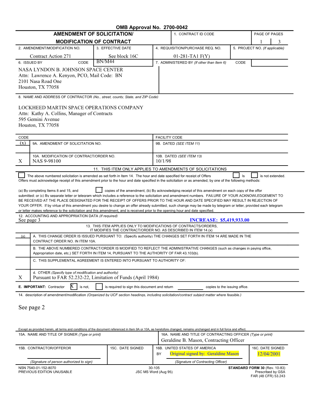 Amedment of Solicitation/Modification of Contract s1