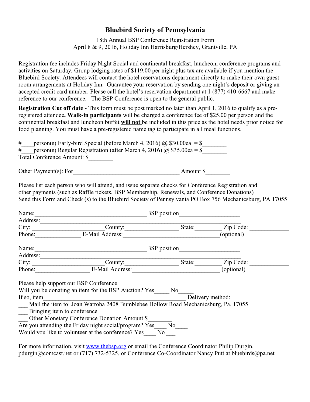 13Th Annual BSP Conference Registration Form