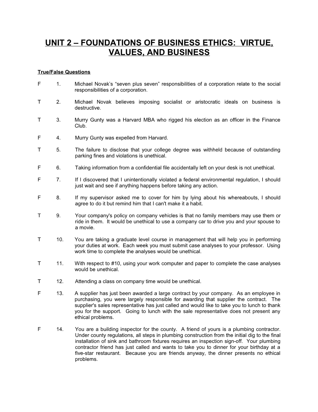 Unit 2 Foundations of Business Ethics: Virtue, Values, and Business