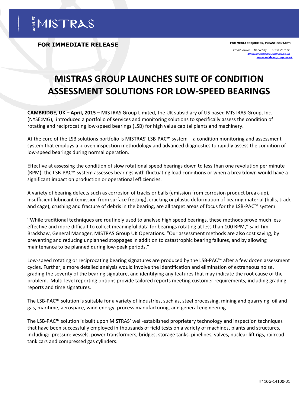 Mistras Group Launches Suite of Condition