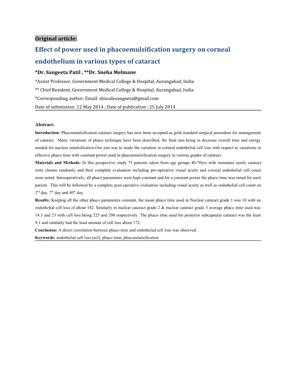 Effect of Power Used in Phacoemulsification Surgery on Corneal Endothelium in Various