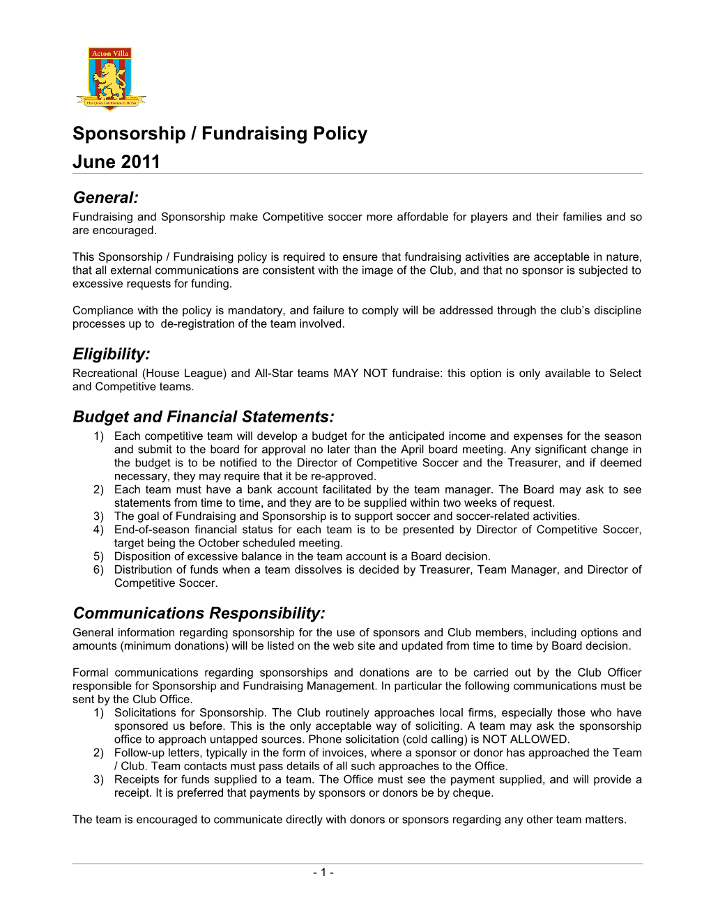 Competitive Team Sponsorships / Fundraising Policy