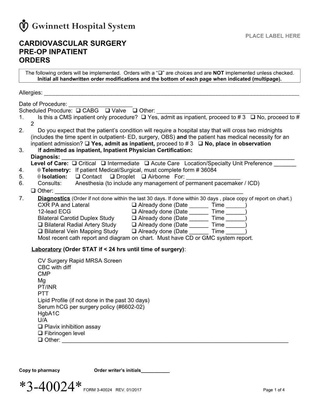 Cardiovascular Surgery Pre Op Inpatient Orders