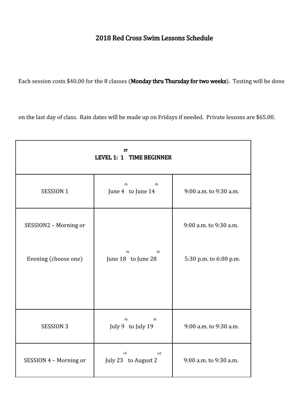 2018 Red Cross Swim Lessons Schedule