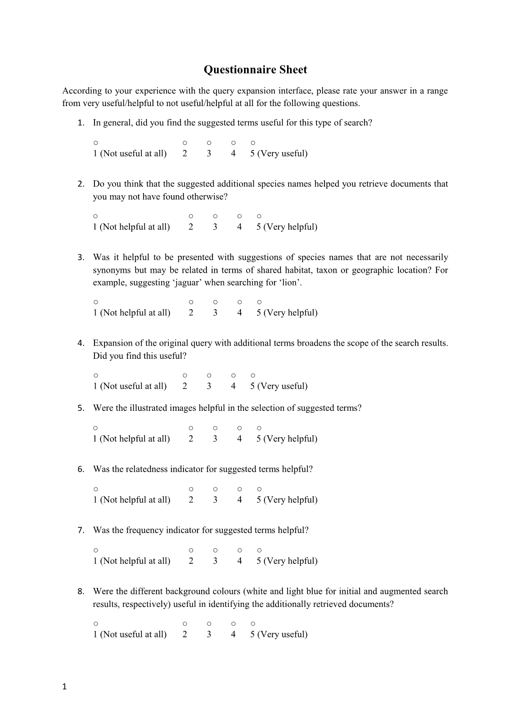 Questionnaire Sheet