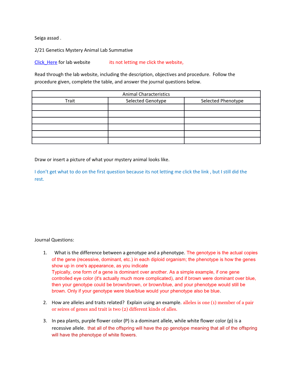 2/21 Genetics Mystery Animal Lab Summative