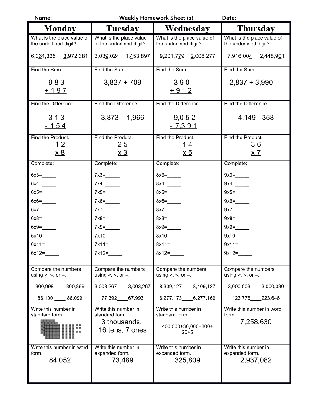 Weekly Homework Sheet s2