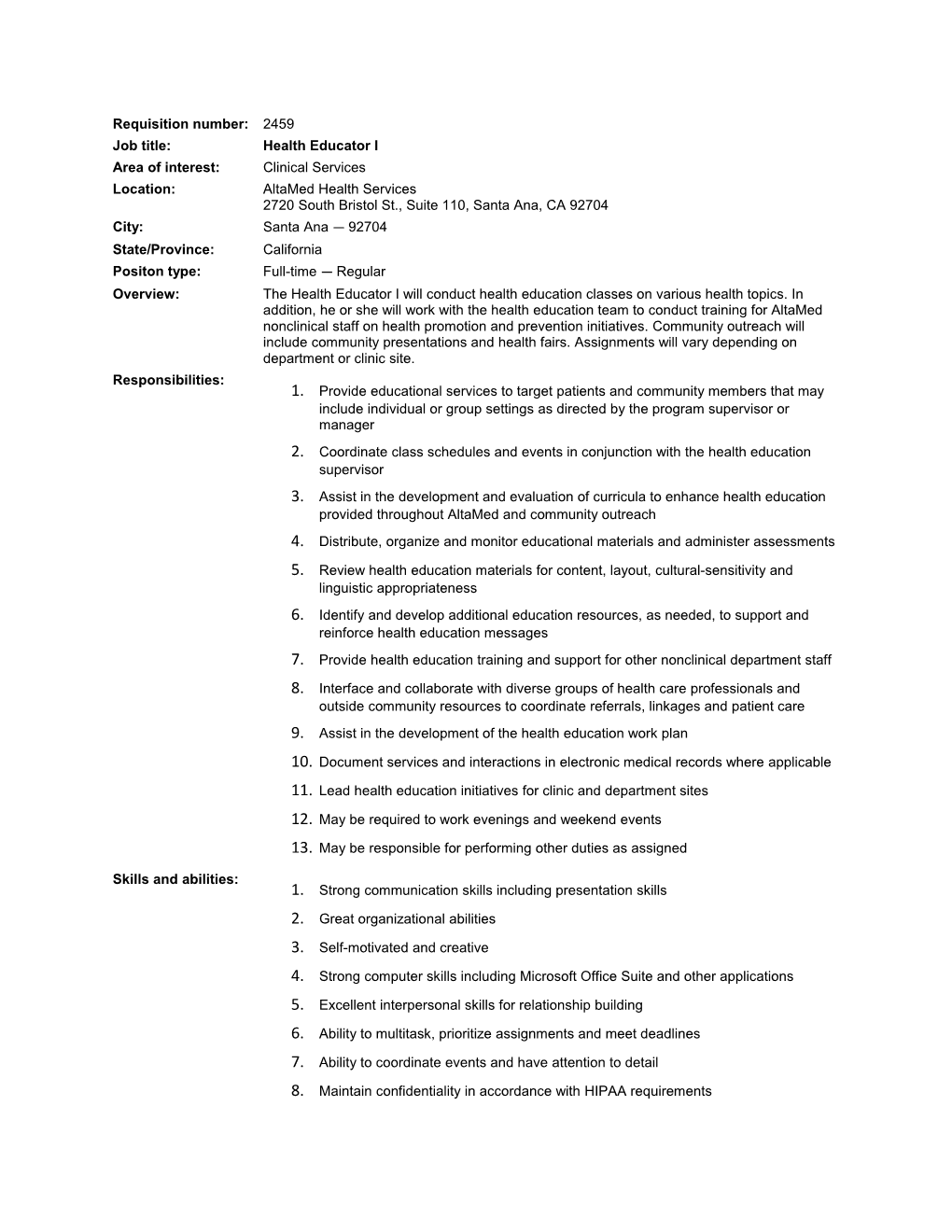 Health Educator Job Description Sample