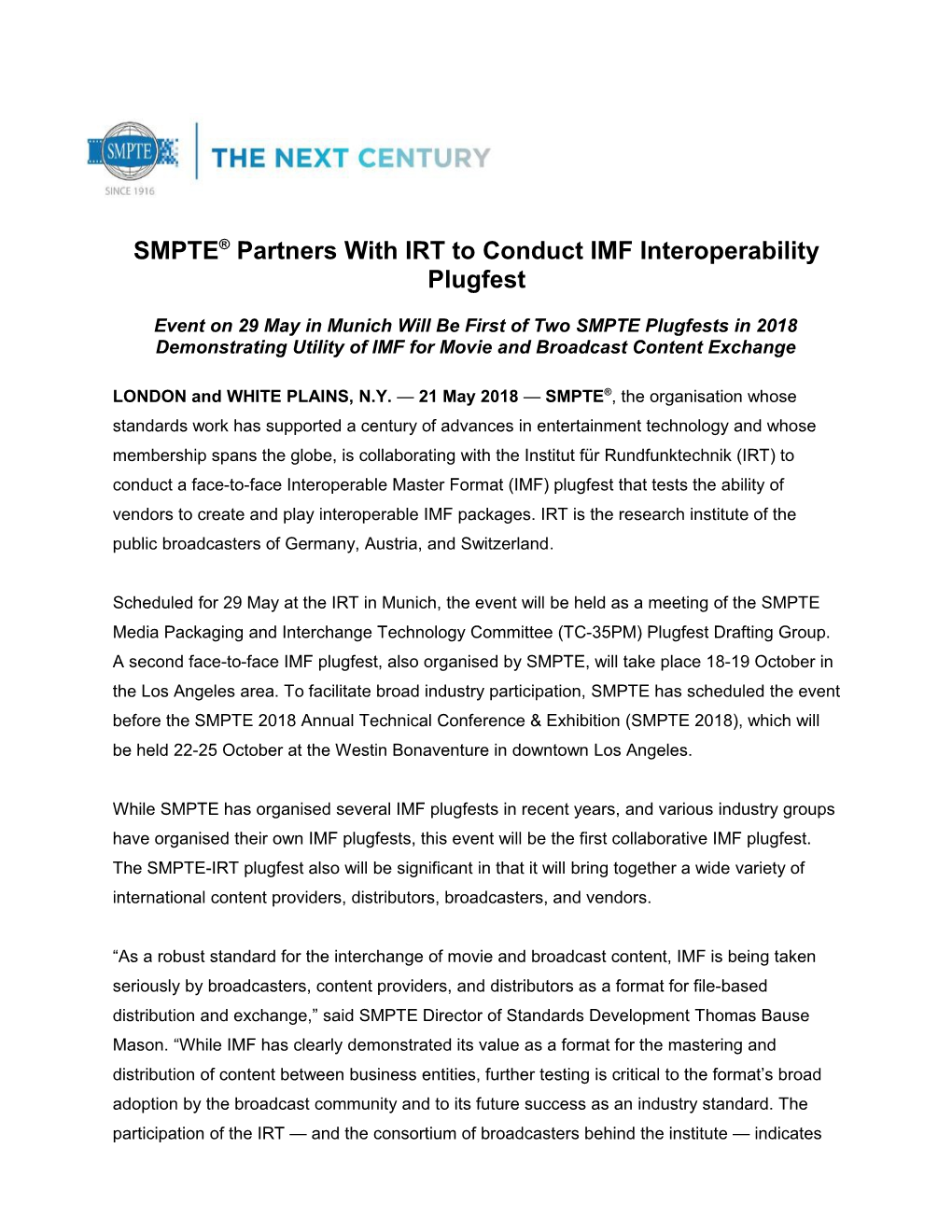 SMPTE Partners Withirt to Conduct IMF Interoperability Plugfest