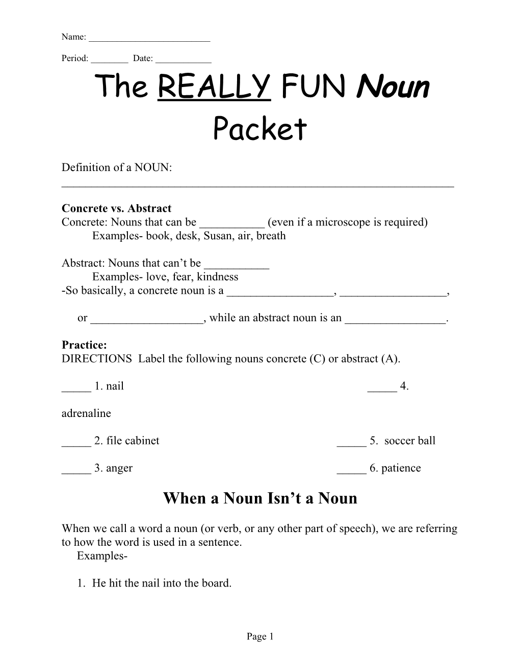 The REALLY FUN Noun Packet