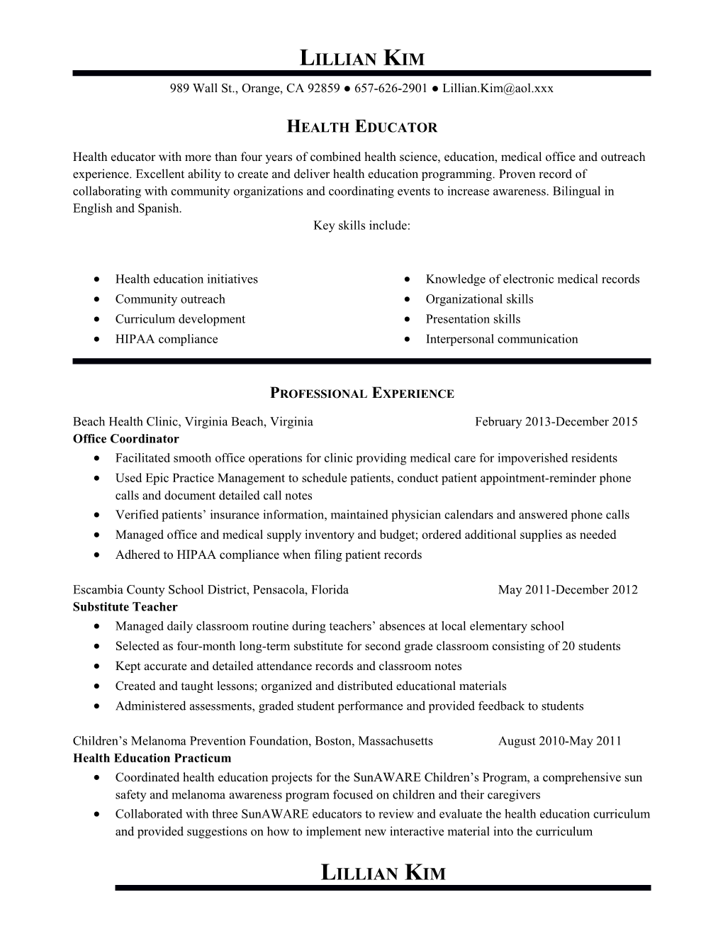 Health Educator Resume Sample