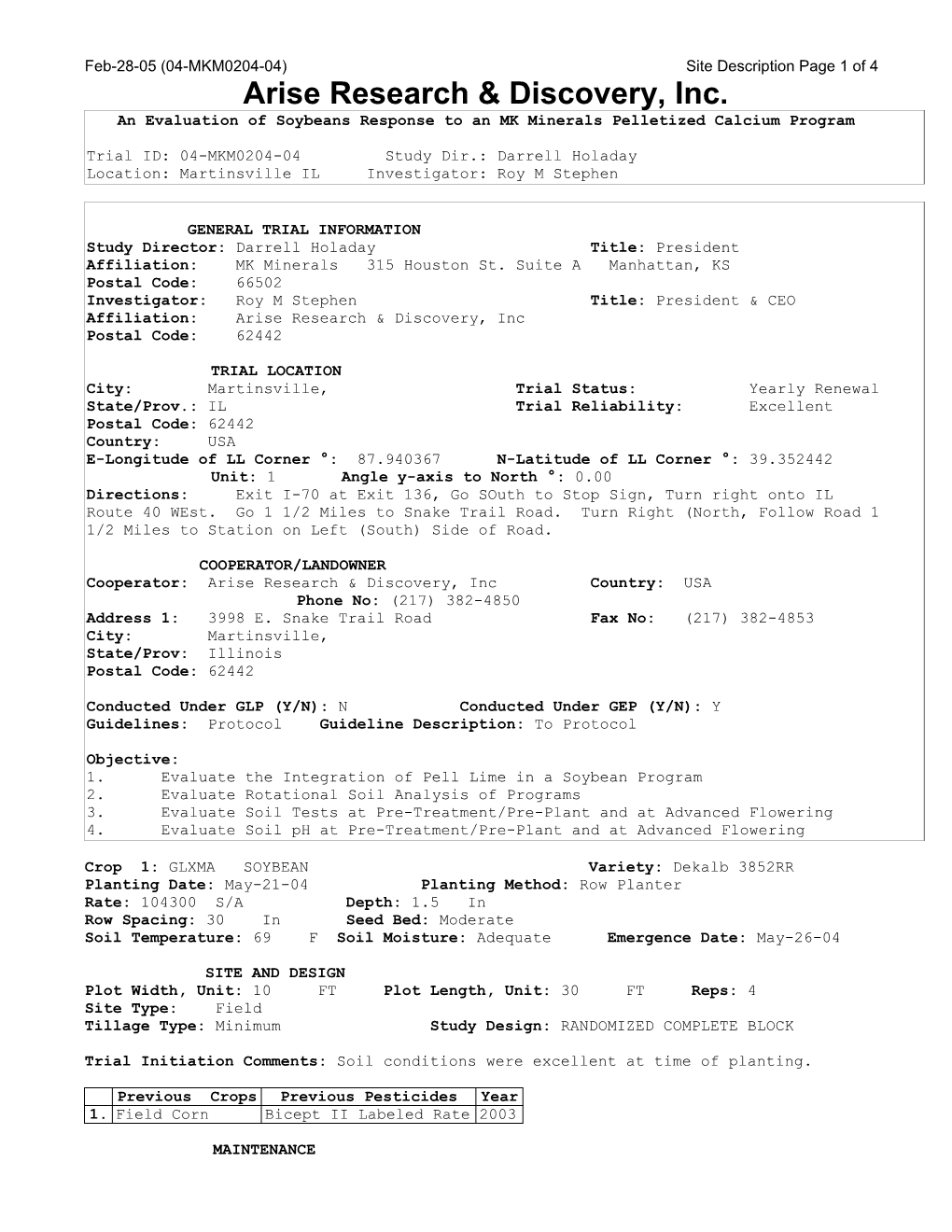 Feb-28-05 (04-MKM0204-04) Site Description Page 1 of 4