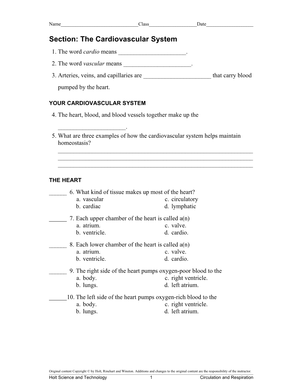 Section: the Cardiovascular System