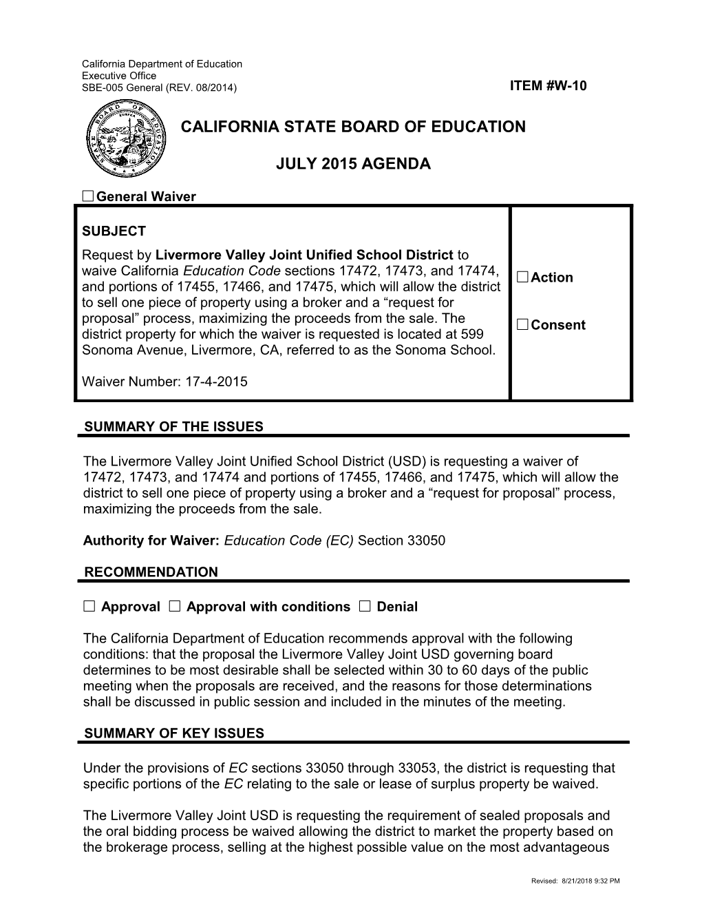 July 2015 Waiver Item W-10 - Meeting Agendas (CA State Board of Education)