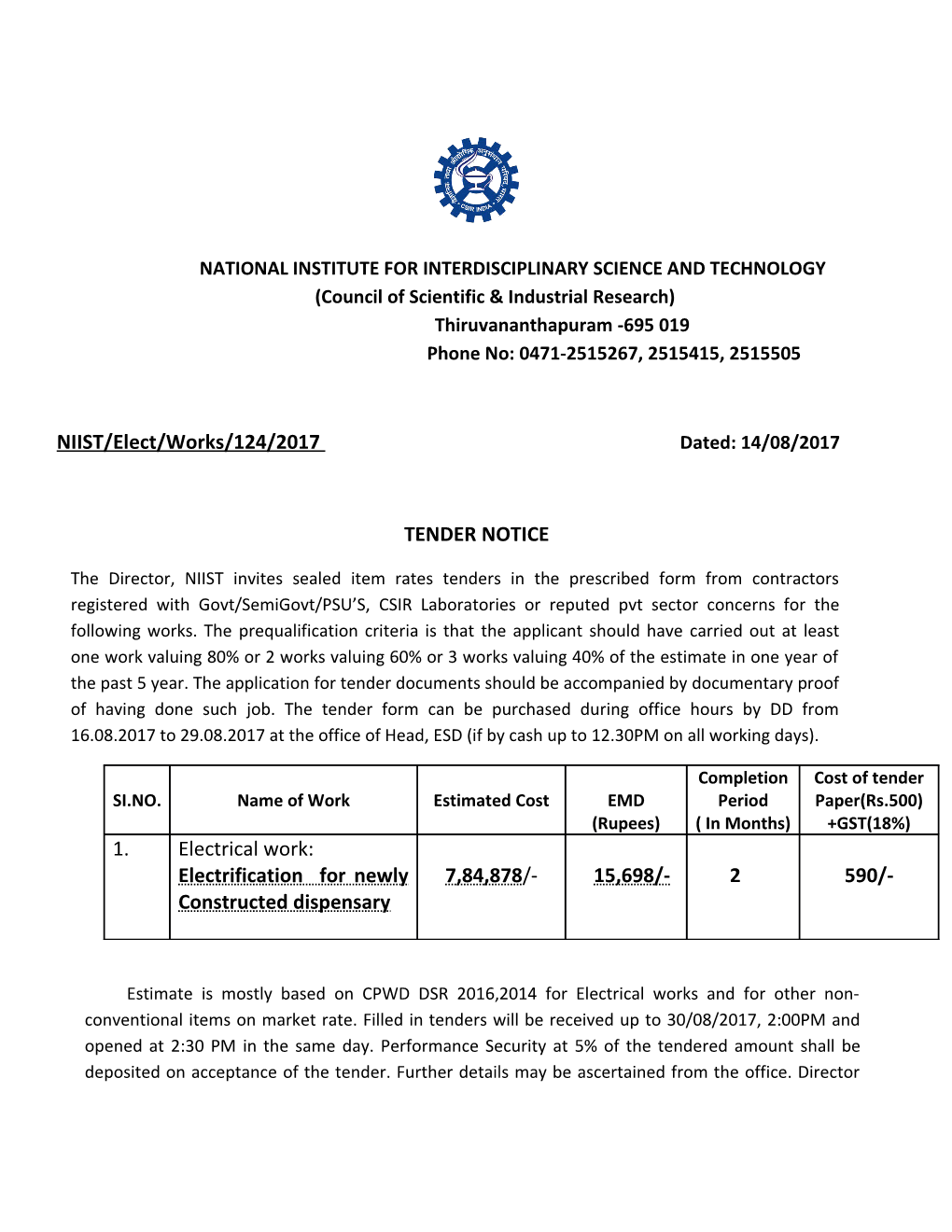 NIIST/Elect/Works/124/2017 Dated: 14/08/2017