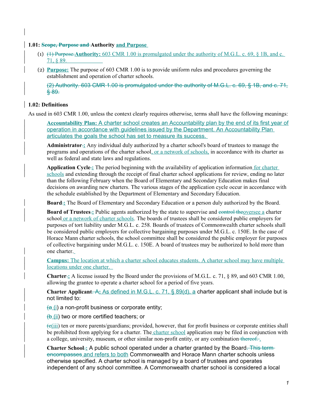 Proposed Amendments to Charter School Regulations, 603 CMR 1.00, Tracked Changes Version