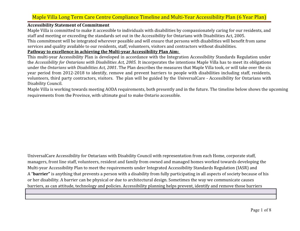 Maple Villa Long Term Care Centre Compliance Timeline and Multi-Year Accessibility Plan