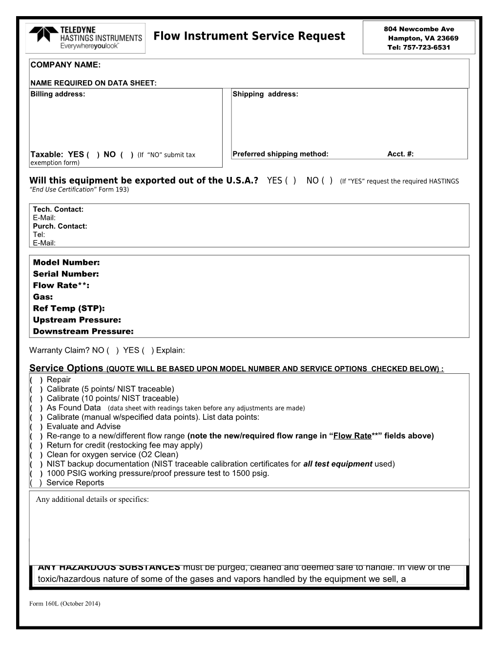 Flow Equipment Return Form