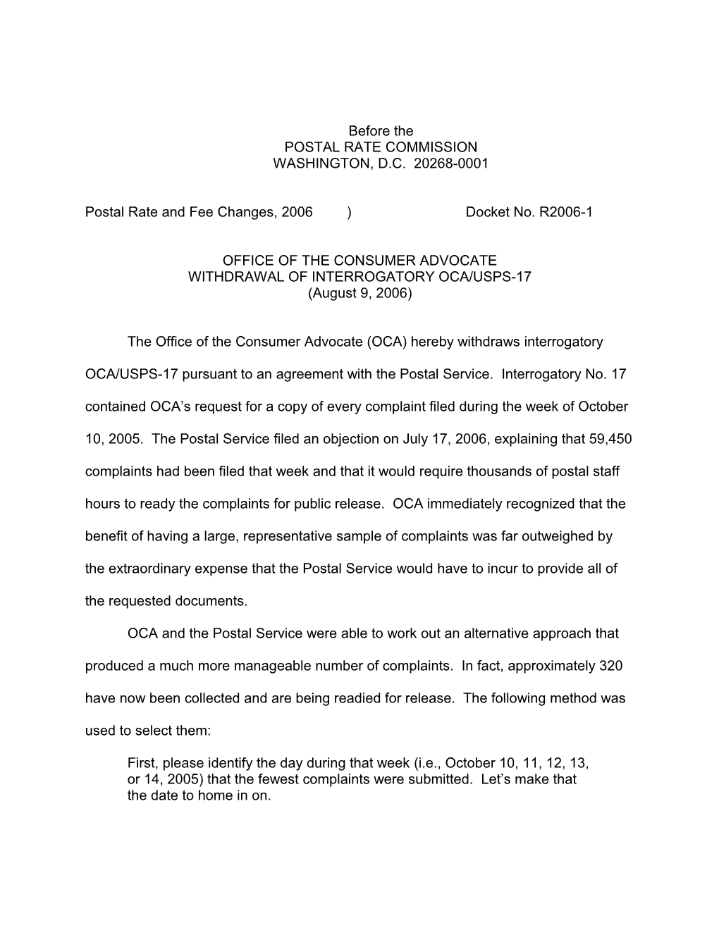 OCA Withdrawal of Interrogatory OCA/USPS-17Docket No. R2006-1