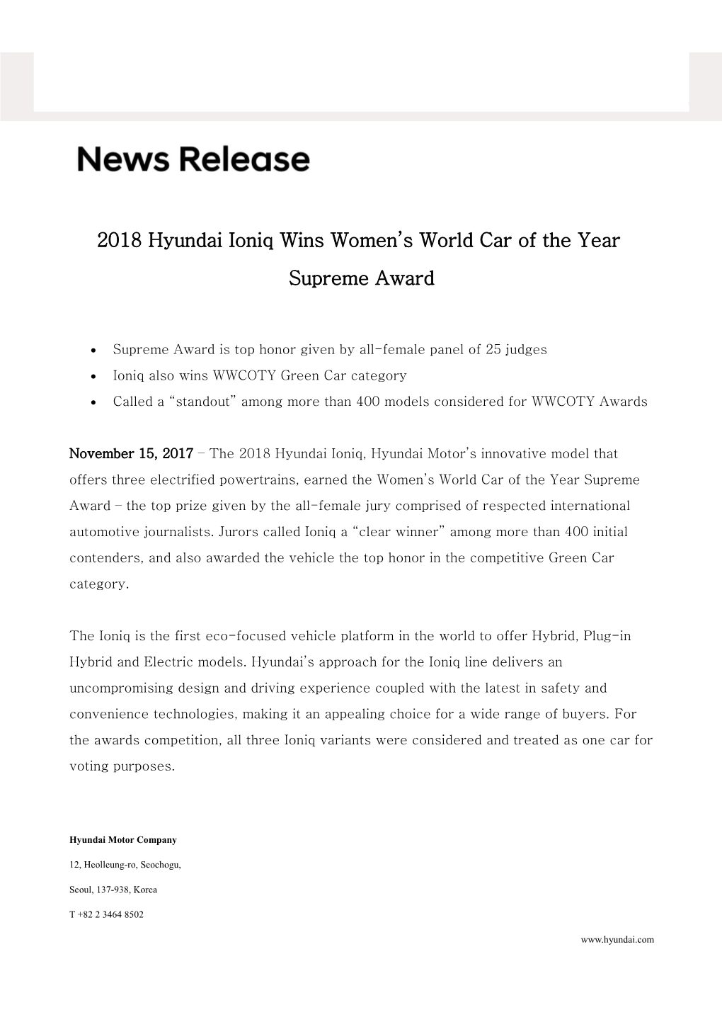 2018 Hyundai Ioniq Wins Women S World Car of the Year