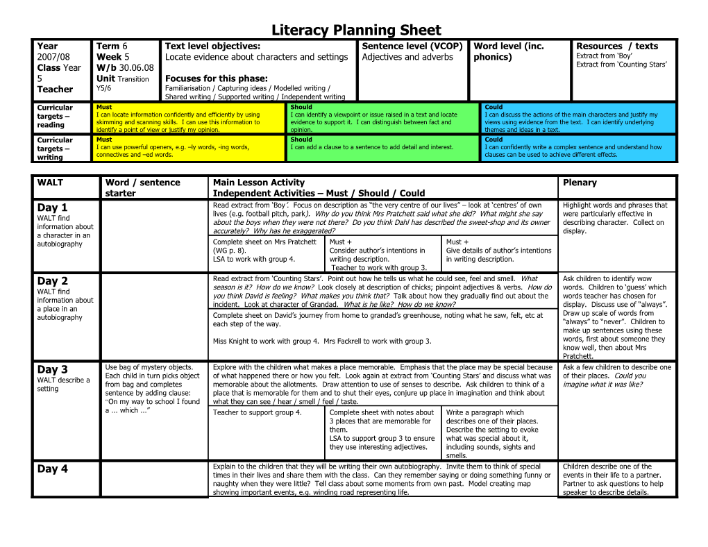 Literacy Planning Sheet