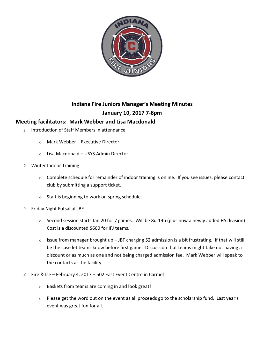 Indiana Fire Juniors Manager S Meeting Minutes