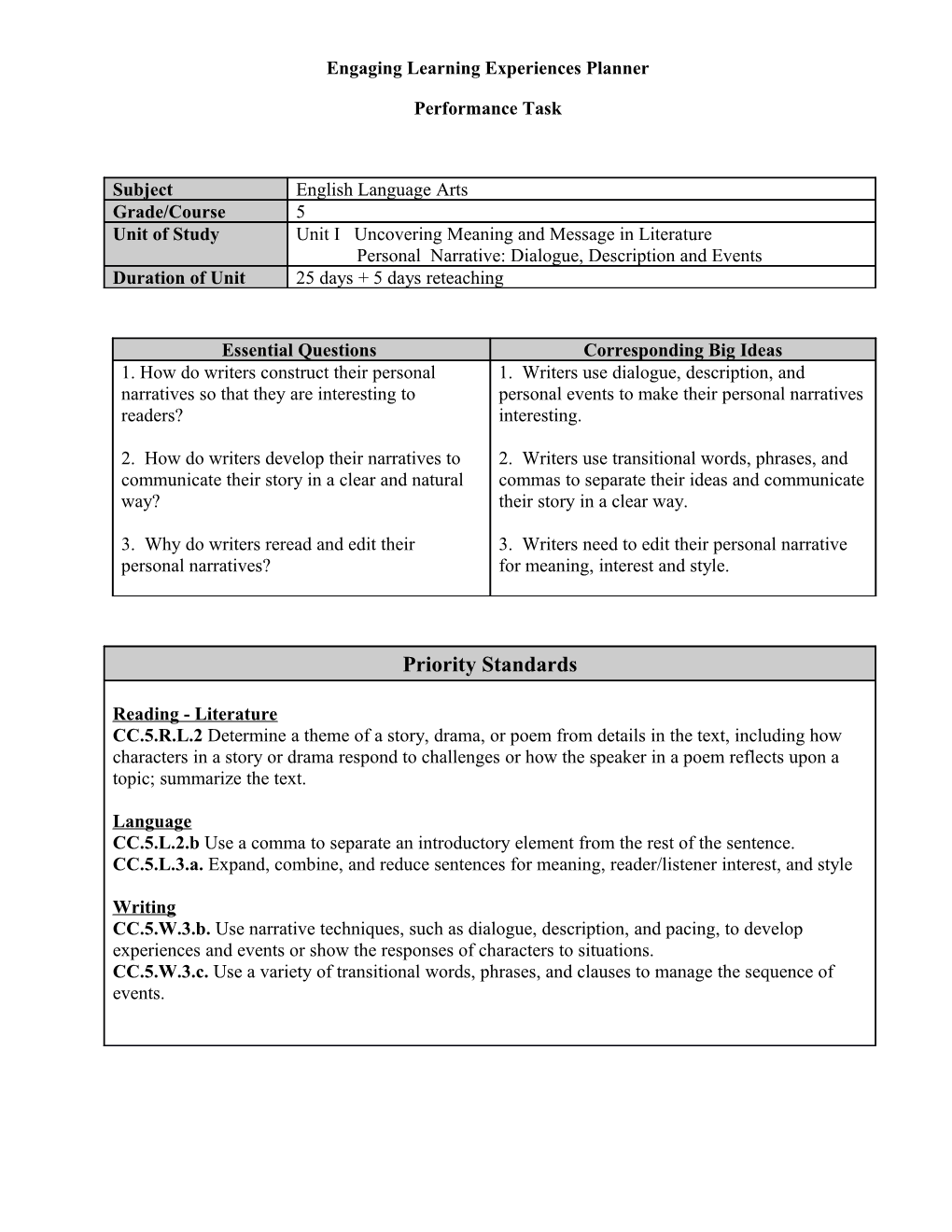 Engaging Learning Experiences Planner