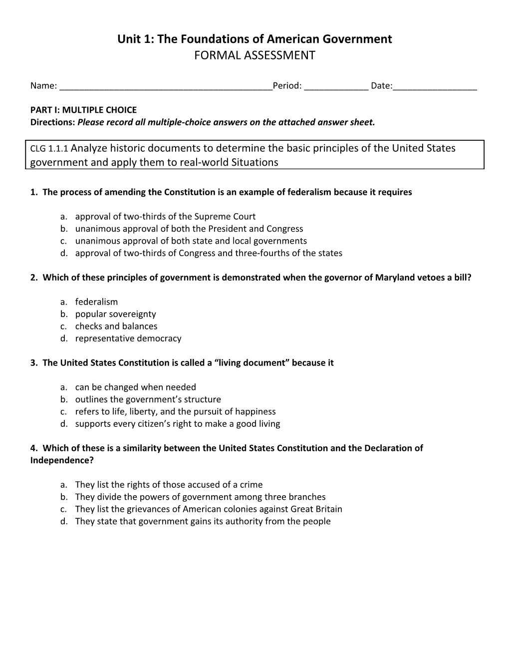 Unit 1: the Foundations of American Government