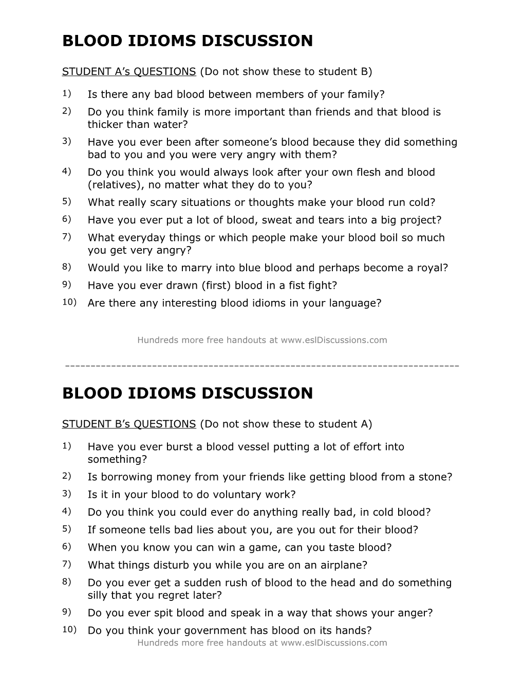 ESL Conversation Lesson on Blood Idioms