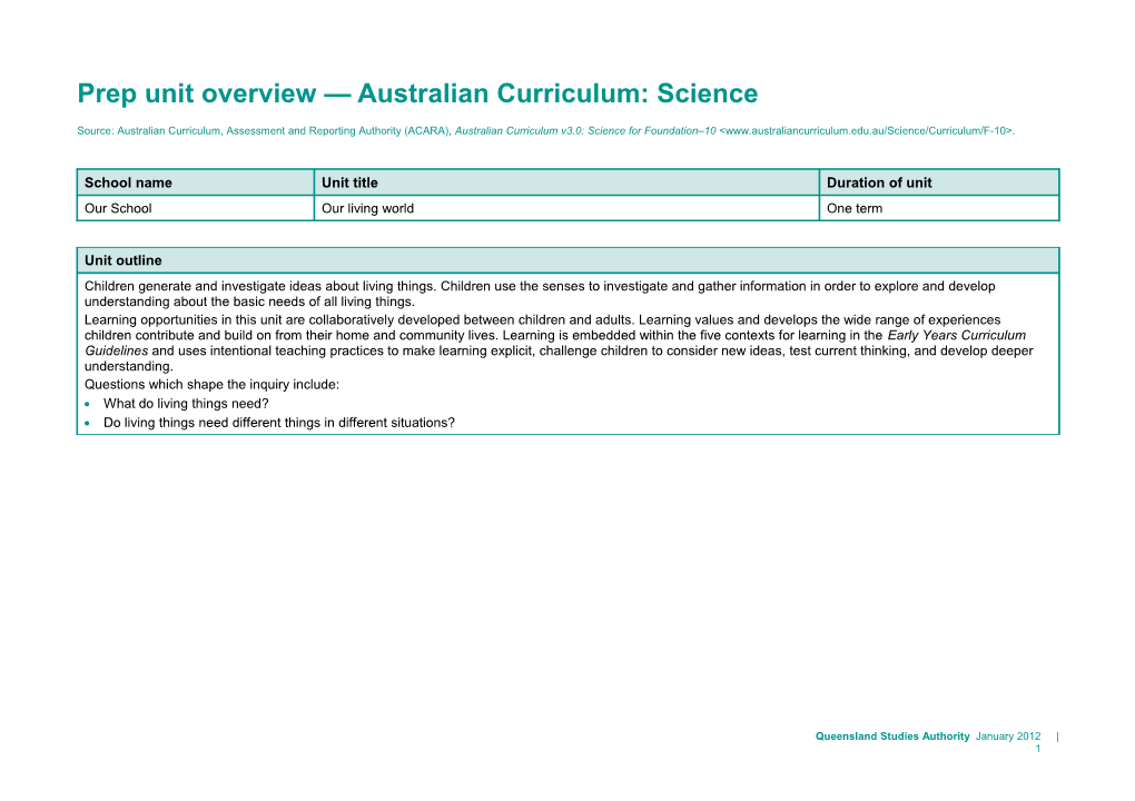 Prep Unit Overview Australian Curriculum: Science