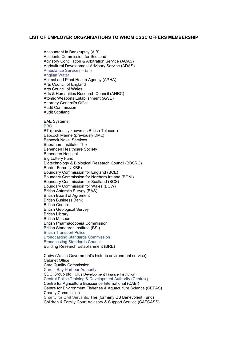 List of Employer Organisations to Whom Cssc Offers Full Membership