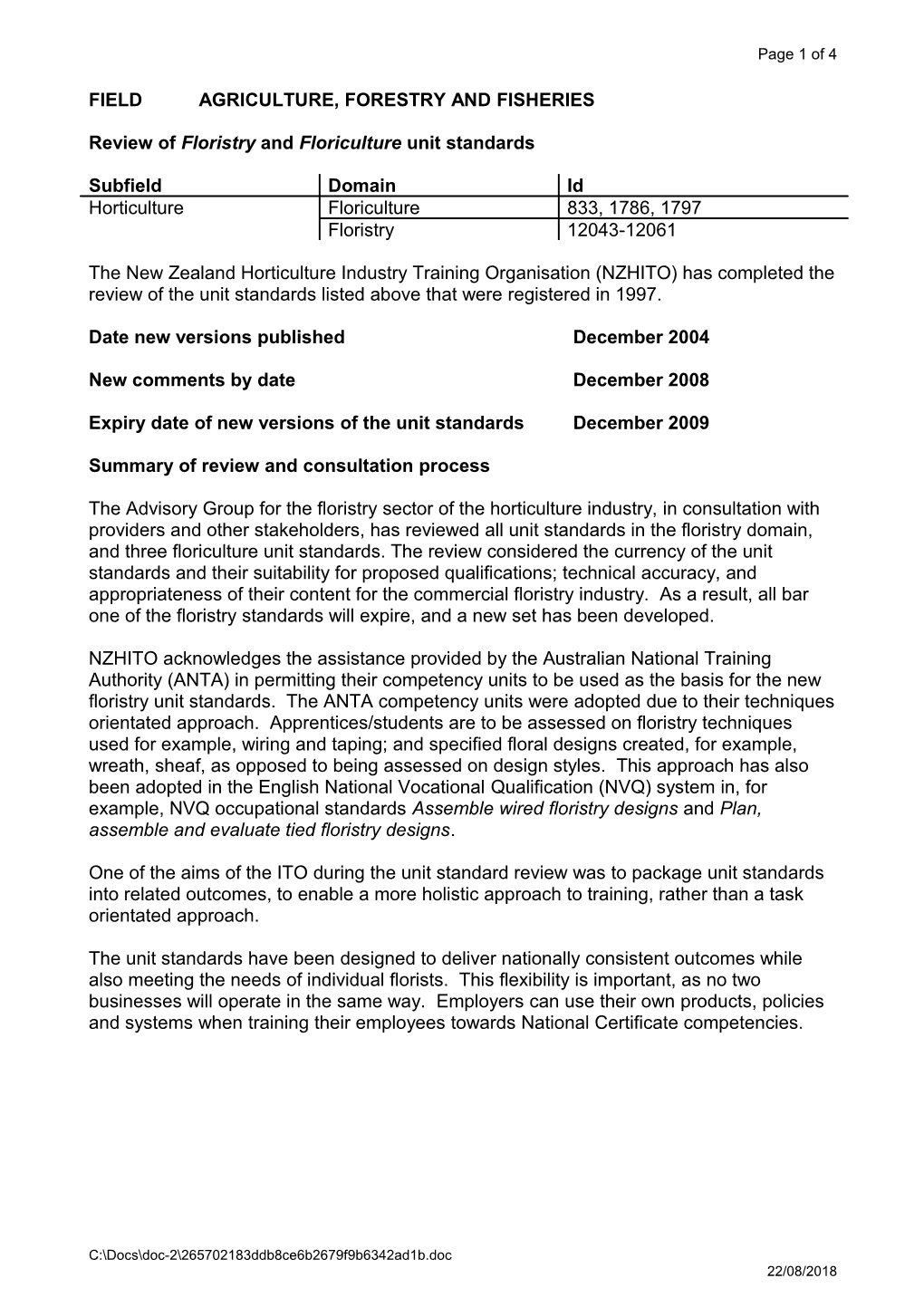 Review of Floristry and Floriculture Unit Standards