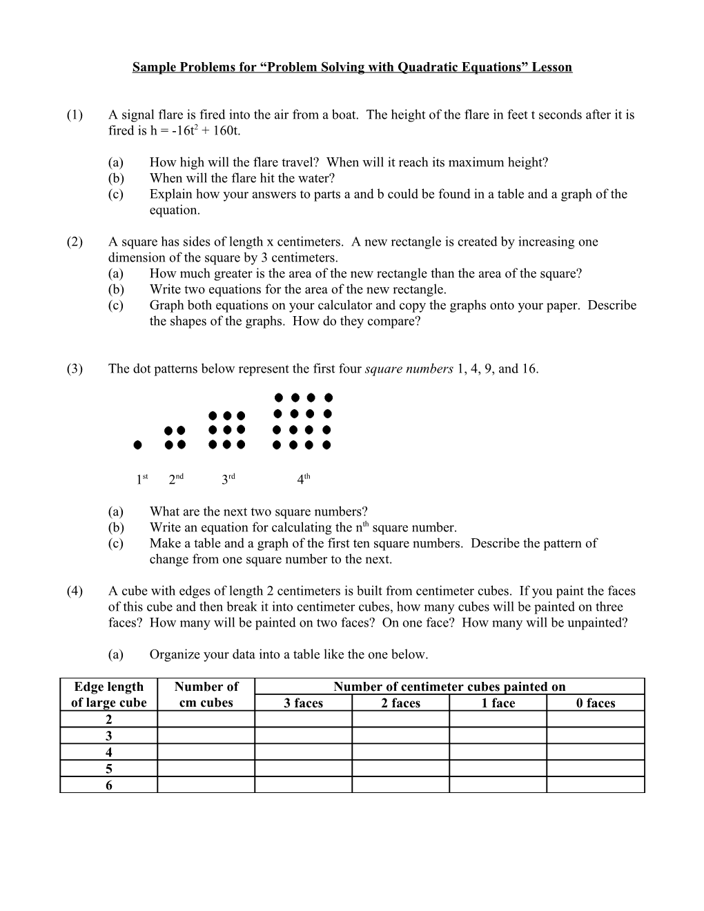 Examples for Problem Solving with Quadratic Equations