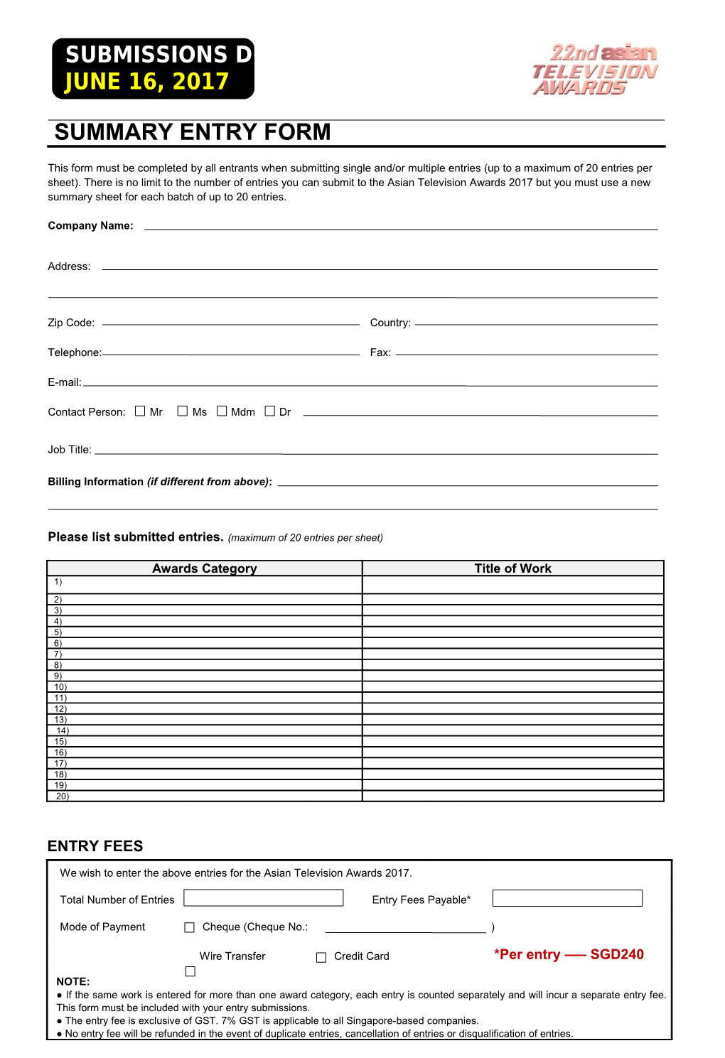 Summary Entry Form s1