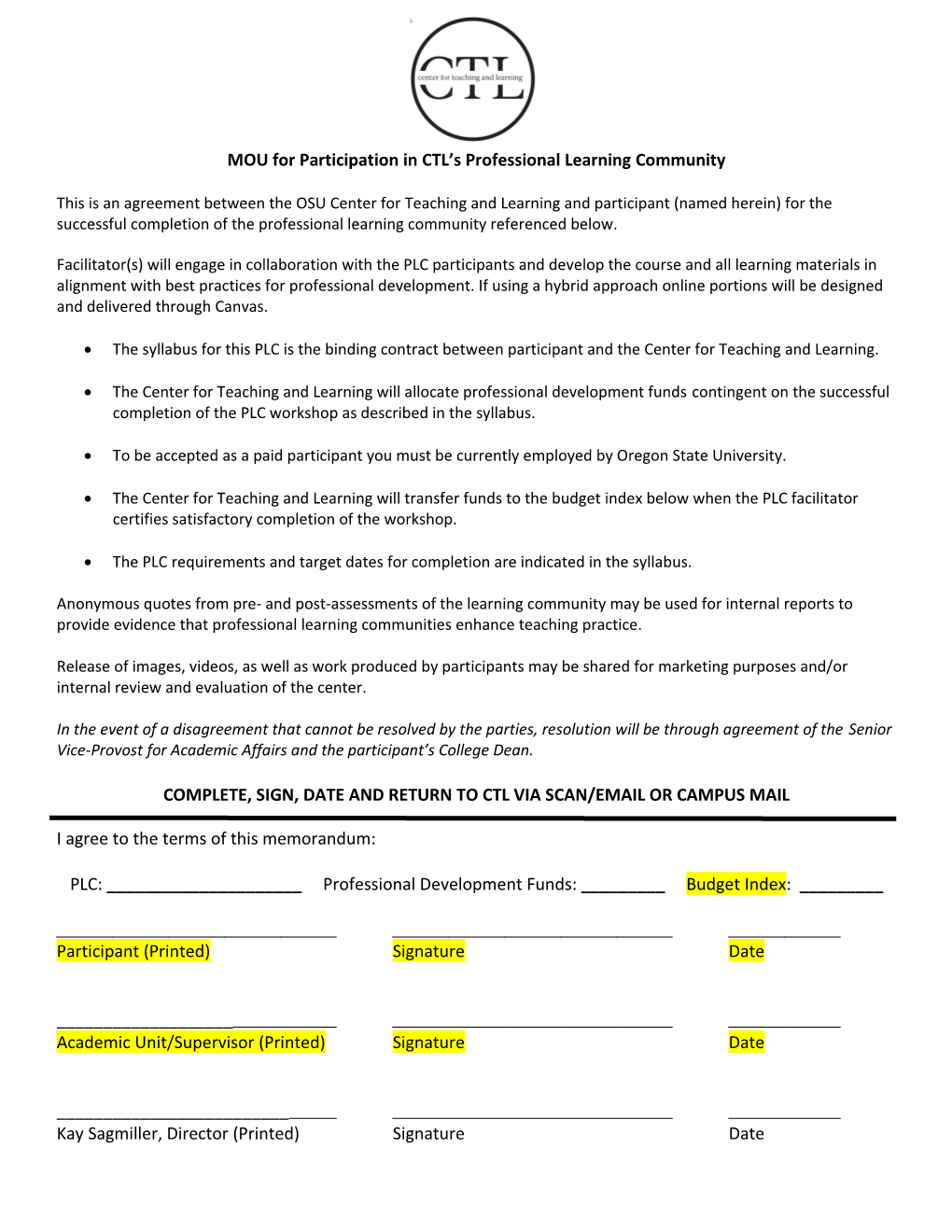 MOU for Participation in CTL S Professional Learning Community